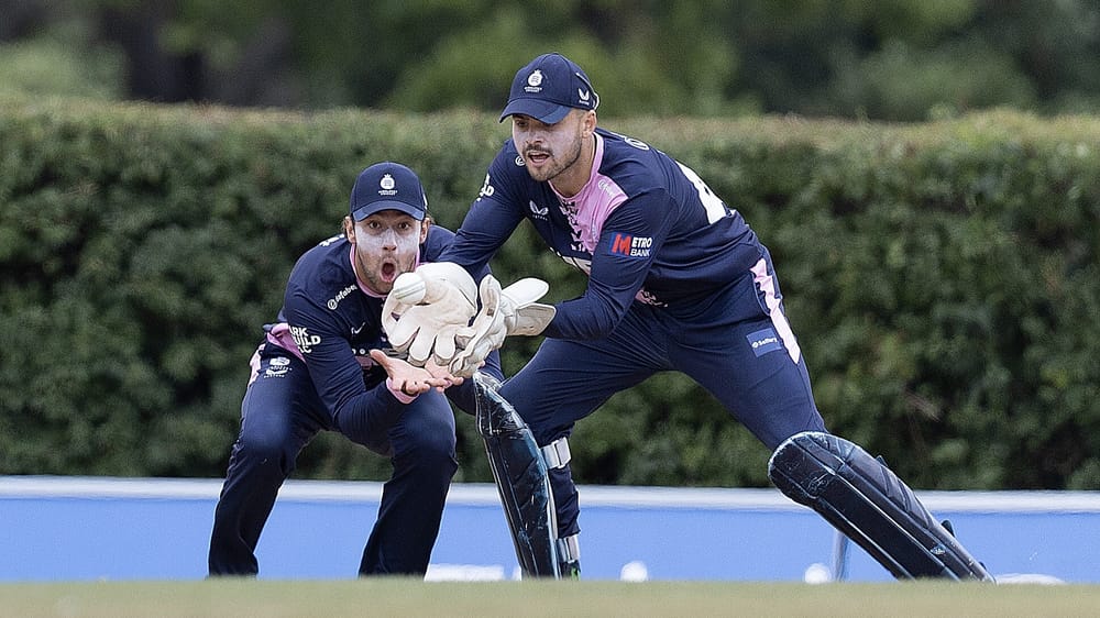 Middlesex's Josh de Caires looks on as Joe Cracknell takes a catch against Glamorgan in the One-Day Cup