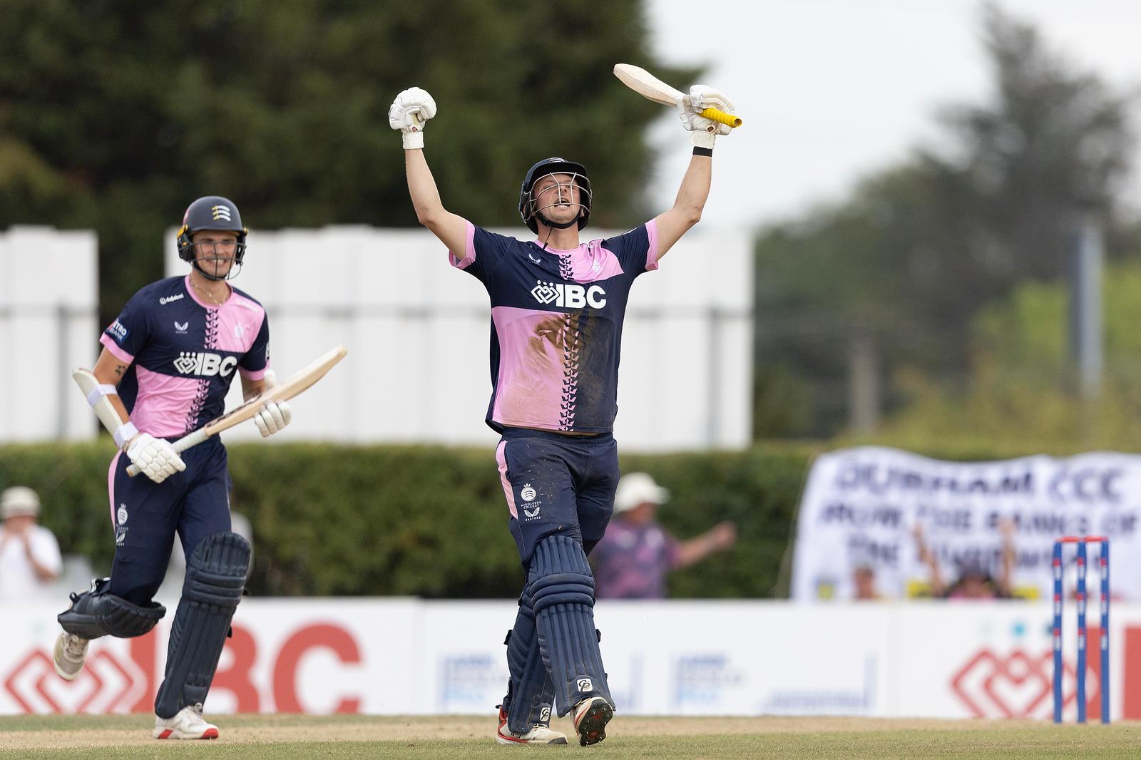 Luke Hollman, Middlesex CCC celebrates the winning runs and his match winning undefeated 83 during Middlesex vs Durham, Metro Bank One-Day Cup Men Semi-Final Cricket at Brunton Memorial Ground on 16th August 2026