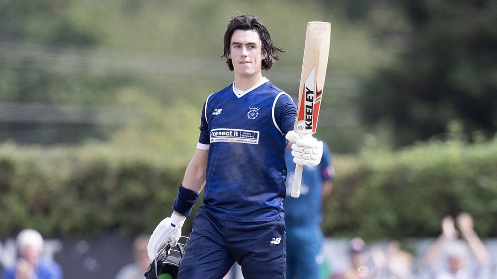 Hampshire's Ali Orr raises his bat after reaching a century against Middlesex at Radlett