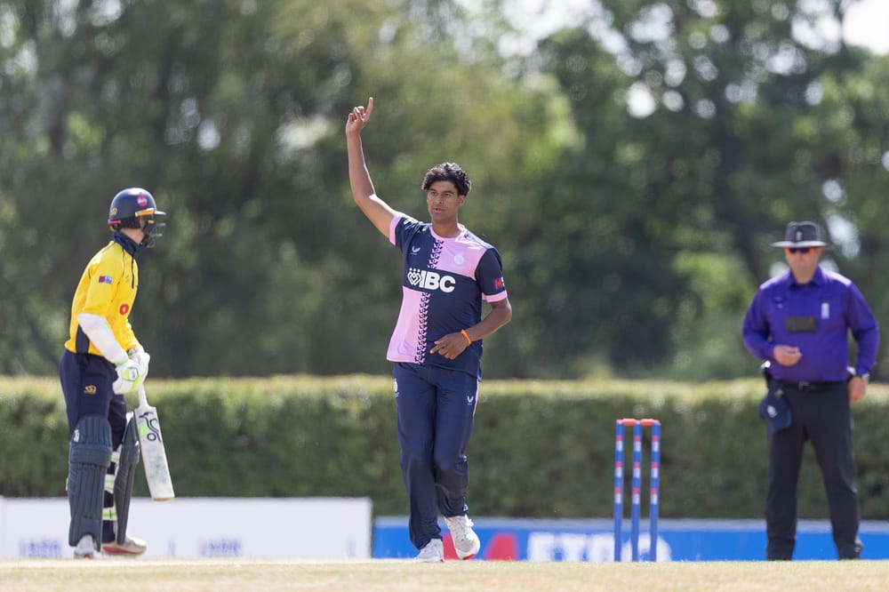 Naavya Sharma, Middlesex CCC celebrates the wicket of Nicholls during Middlesex vs Glamorgan, Metro Bank One-Day Cup Men Cricket at Brunton Memorial Ground on 26th July 2026