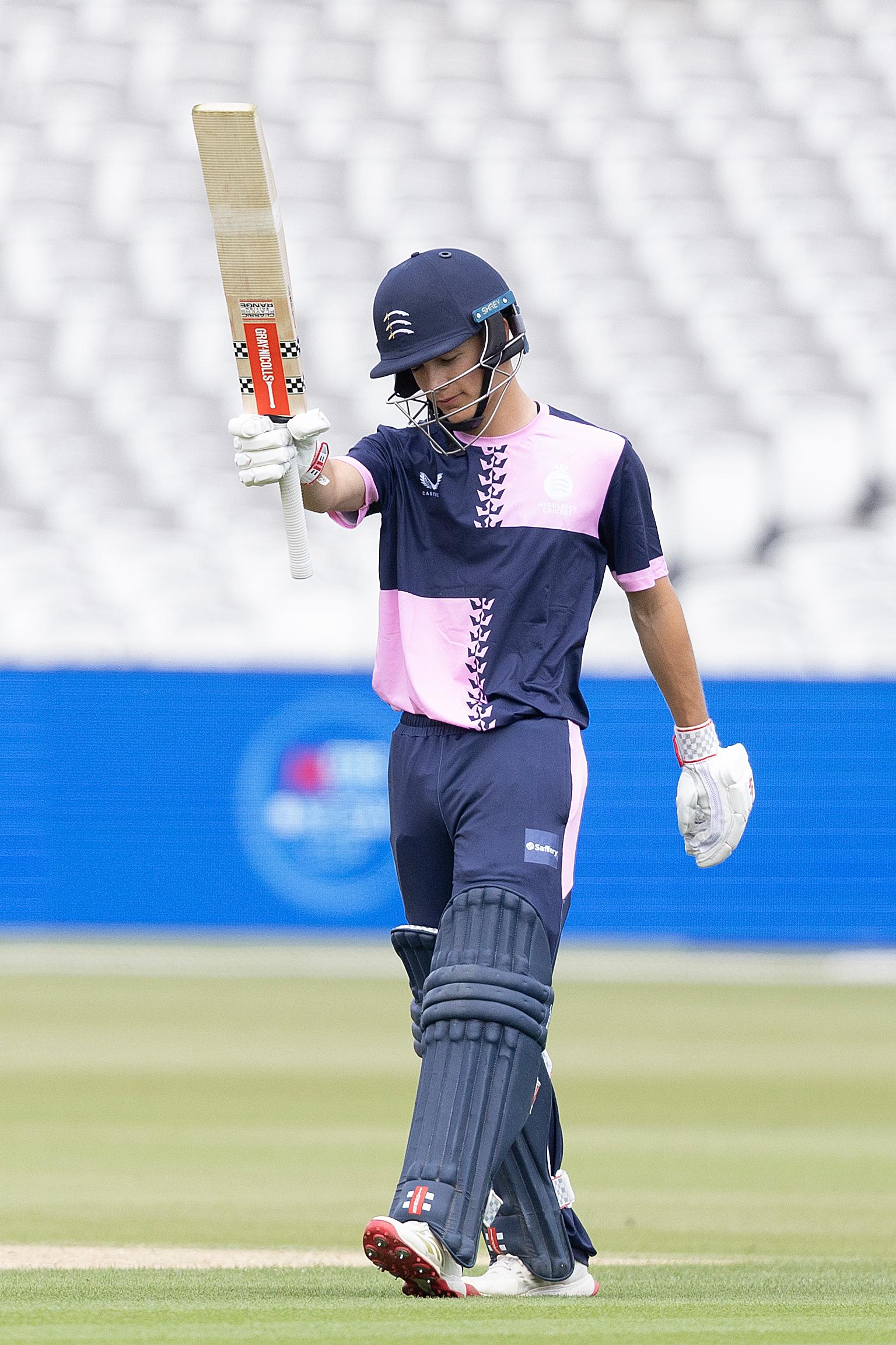 Jack Nelson, Middlesex CCC acknowledges his fifty during Middlesex vs Yorkshire, Metro Bank One-Day Cup Men Cricket at Lord's Cricket Ground on 2nd August 2026