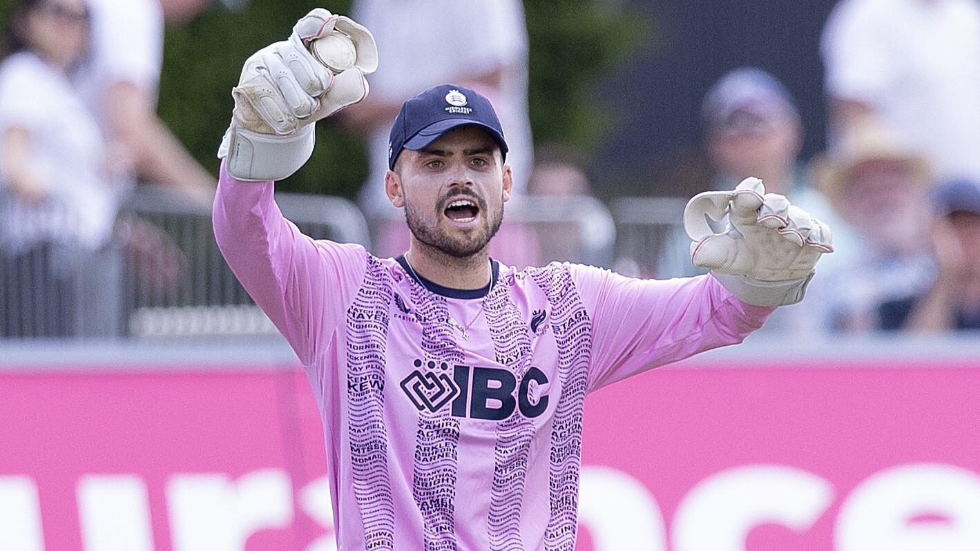 Middlesex wicketkeeper Joe Cracknell claims a catch against Durham in the Vitality Blast