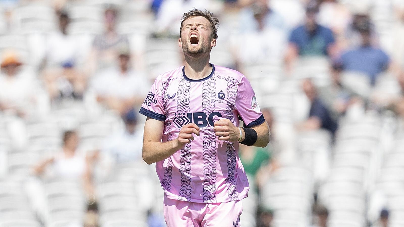 Tom Helm grimaces after going close to a wicket against Surrey in the Vitality Blast