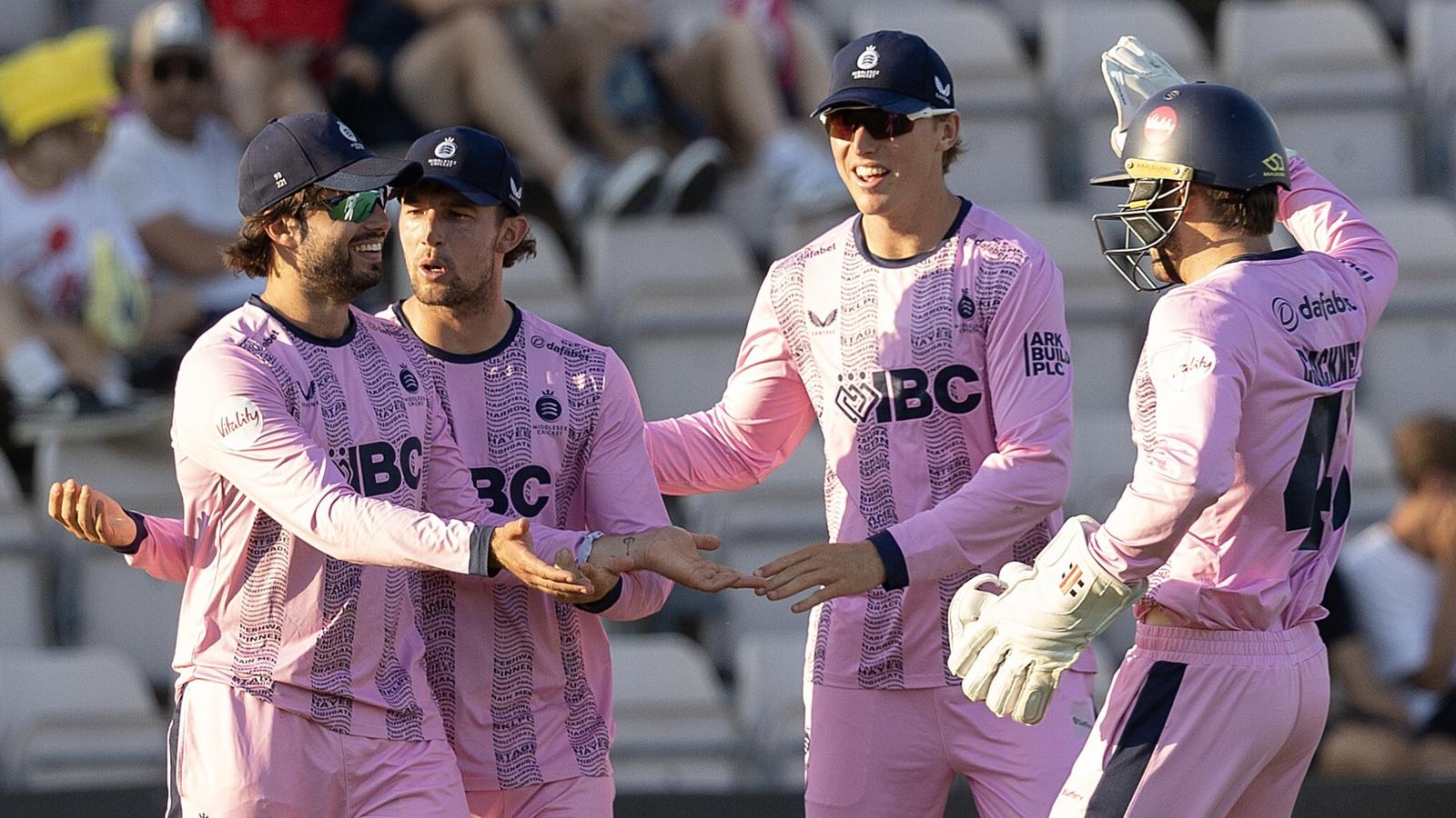 Middlesex celebrate a boundary catch in the Vitality Blast game against Hampshire