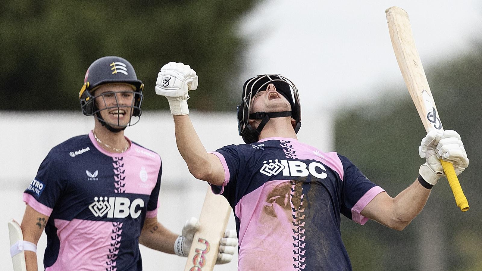 Middlesex's Luke Hollman (R) and Noah Cornwell celebrate after clinching a two-wicket win over Durham to reach the 2026 Metro Bank One-Day Cup final