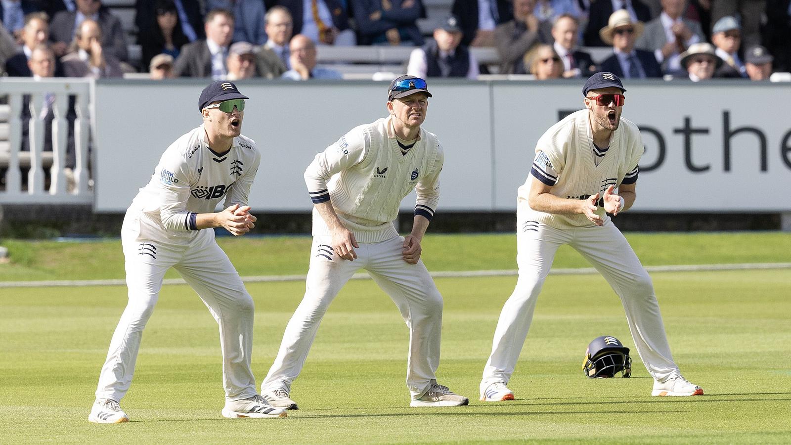 Middlesex's slip fielders line up against Northamptonshire at Lord's